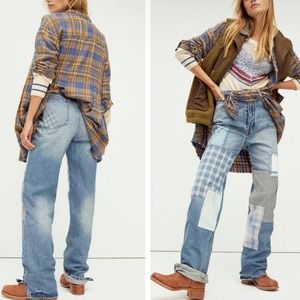 New Free People High Rise Steinbeck Patchwork Straight Leg Embroidered Jeans